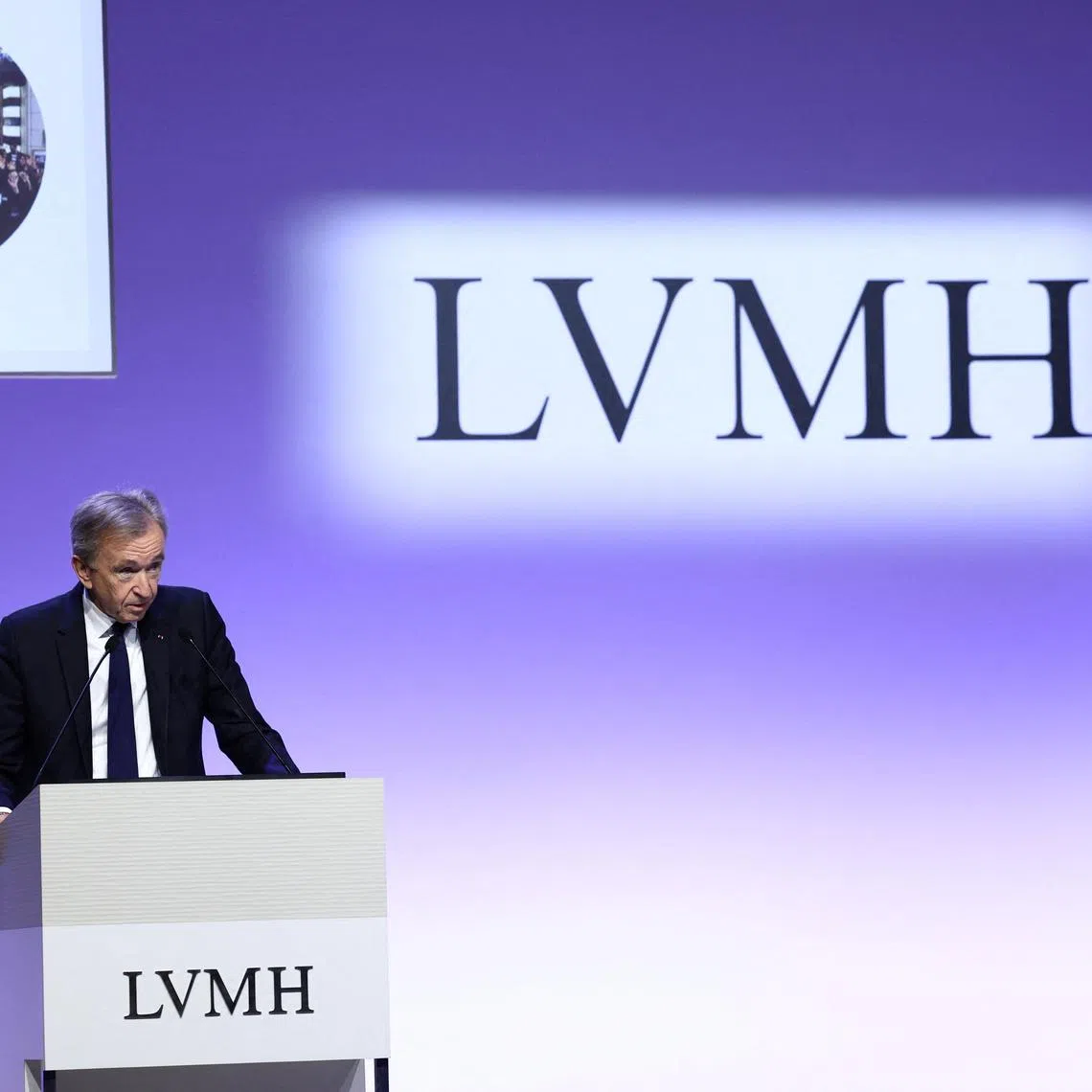 LVMH chairman and CEO Bernard Arnault presenting the group's 2023 annual results in Paris in January. LVMH is one of the 11 stocks whose first letter spell out the word Granolas.