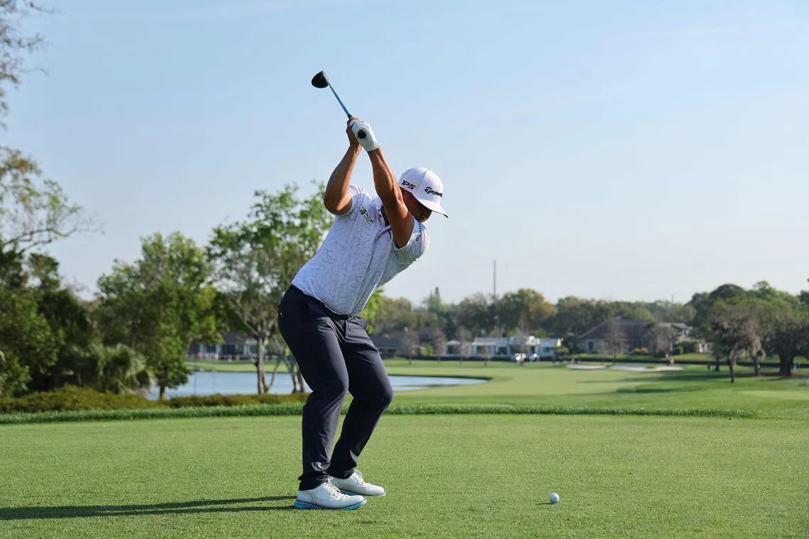 Kurt Kitayama of the US plays his shot from the third tee during the second round of the Arnold Palmer Invitational.