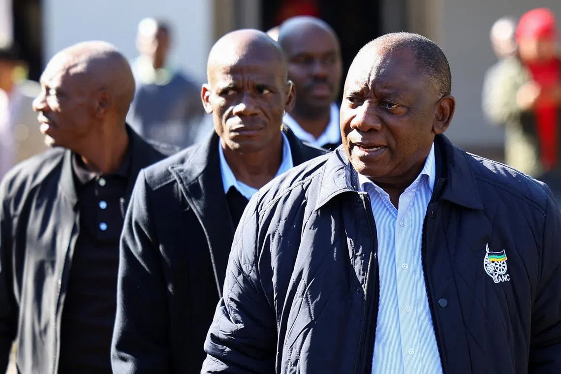 FILE PHOTO:ANC'S President Cyril Ramaphosa arrives ahead of the National Executive Committee (NEC) meeting looking at options to form a new South African government, its Secretary-General Fikile Mbalula said in Boksburg, in the East of Johannesburg, South Africa, June 6, 2024. REUTERS/Siphiwe Sibeko/File Photo