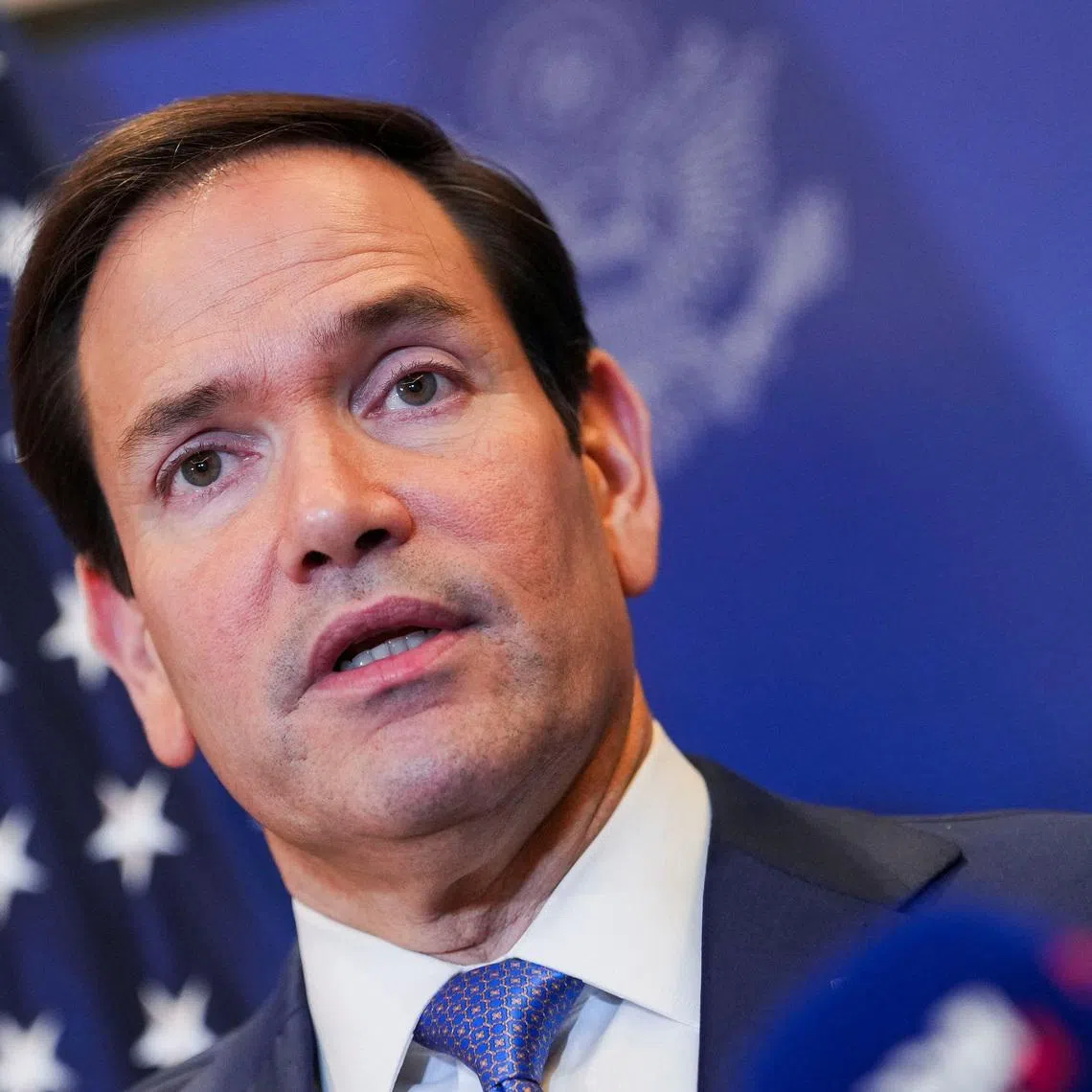U.S. Secretary of State Marco Rubio speaks with members of the media before departing for Bahrain International Airport after his visit to the Middle East to discuss the interim deal between the U.S. and Iran with Arab Gulf allies, in Manama, Bahrain, June 25, 2026. REUTERS/Eric Lee/Pool