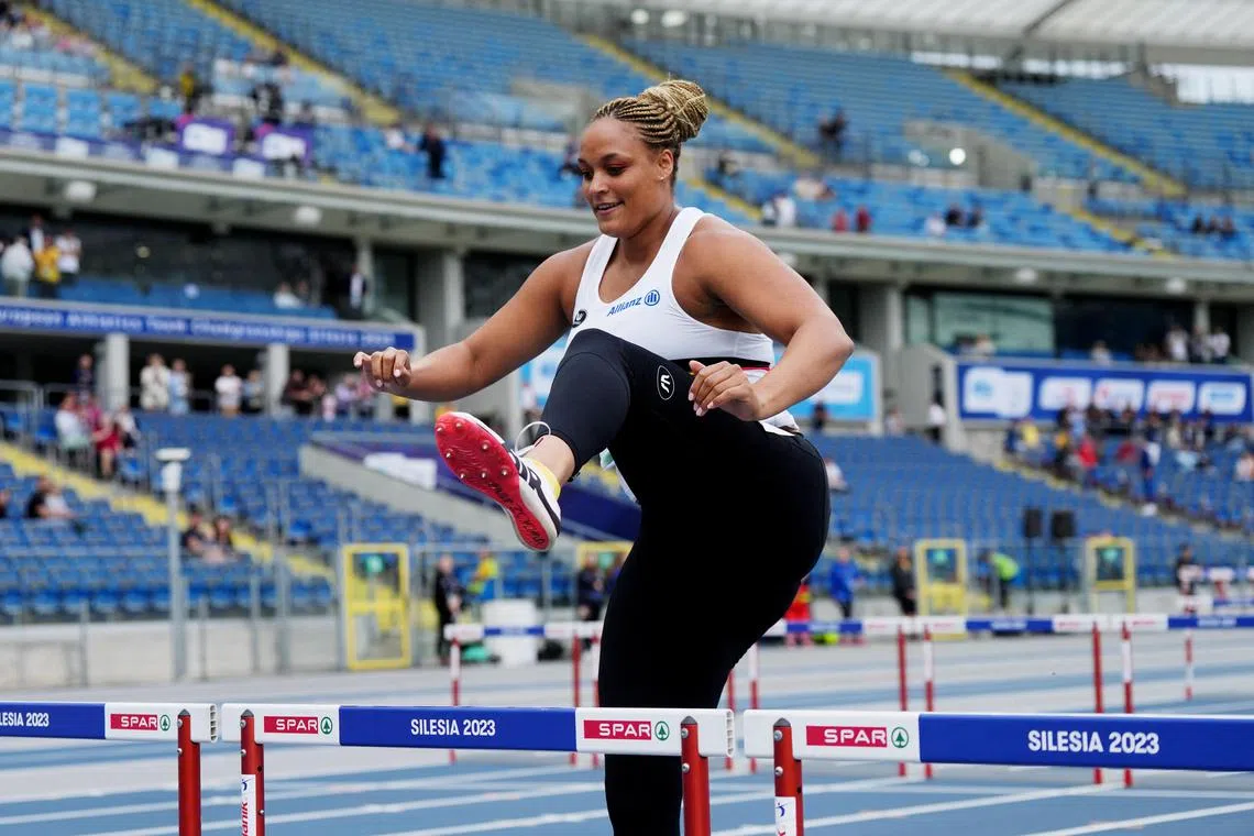Belgium's Jolien Maliga Boumkwo in action during the women's 100m hurdles.