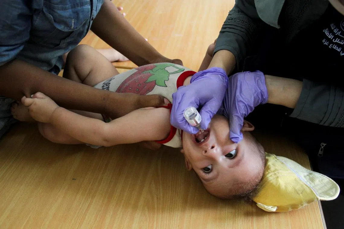 A Palestinian child is vaccinated against polio, amid the Israel-Hamas conflict, in Jabalia in northern Gaza Strip, September 10, 2024. REUTERS/Mahmoud Issa