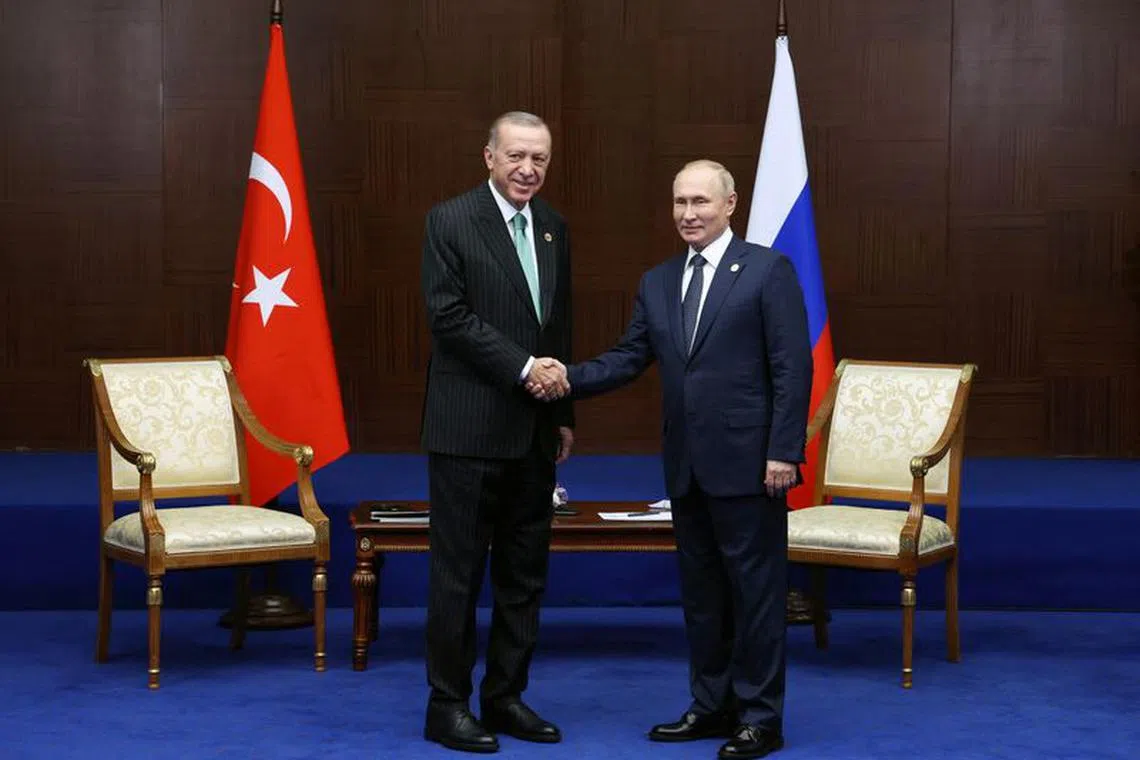 Russia's President Vladimir Putin and Turkey's President Tayyip Erdogan meet on the sidelines of the 6th summit of the Conference on Interaction and Confidence-building Measures in Asia (CICA), in Astana, Kazakhstan October 13, 2022.   Sputnik/Vyacheslav Prokofyev/Pool via REUTERS /File Photo