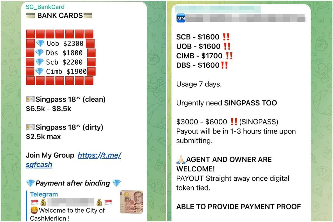 Screenshots of advertisements for bank accounts and Singpass credentials on Telegram group chats in August.