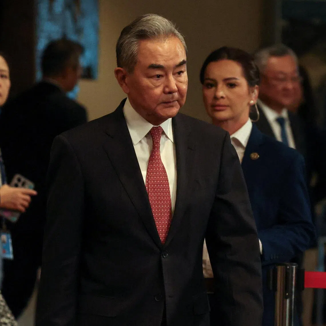 Chinese Foreign Minister Wang Yi arrives to speak with the media at the U.N. headquarters in New York City, U.S., May 26, 2026. REUTERS/Shannon Stapleton