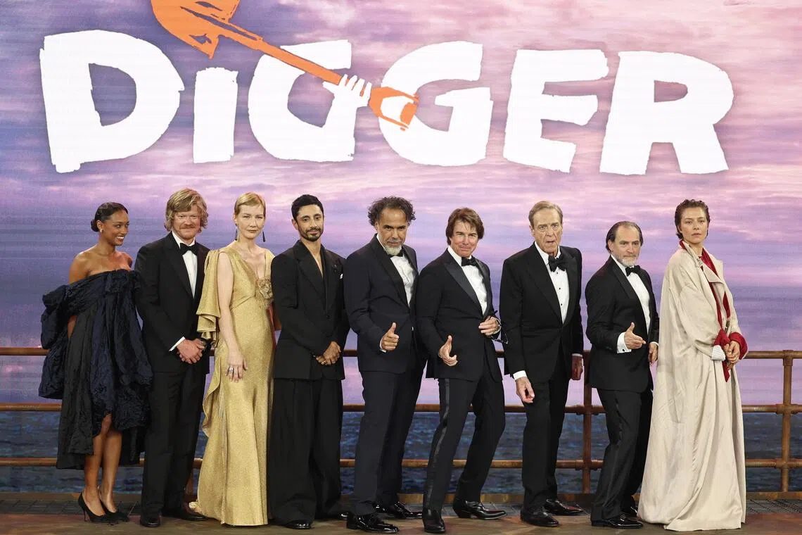 Director Alejandro Gonzalez Inarritu (centre) with (from left) actors Sophie Wilde, Jesse Plemons, Sandra Huller, Riz Ahmed, Tom Cruise, John Goodman, Michael Stuhlbarg and Emma D’Arcy at the premiere of Digger in London on Sept 22.