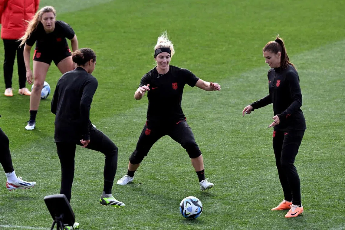 USA players take part in a training session at the Lakeside Stadium in Melbourne on August 5, 2023, on the eve of the Women's World Cup match against Sweden.