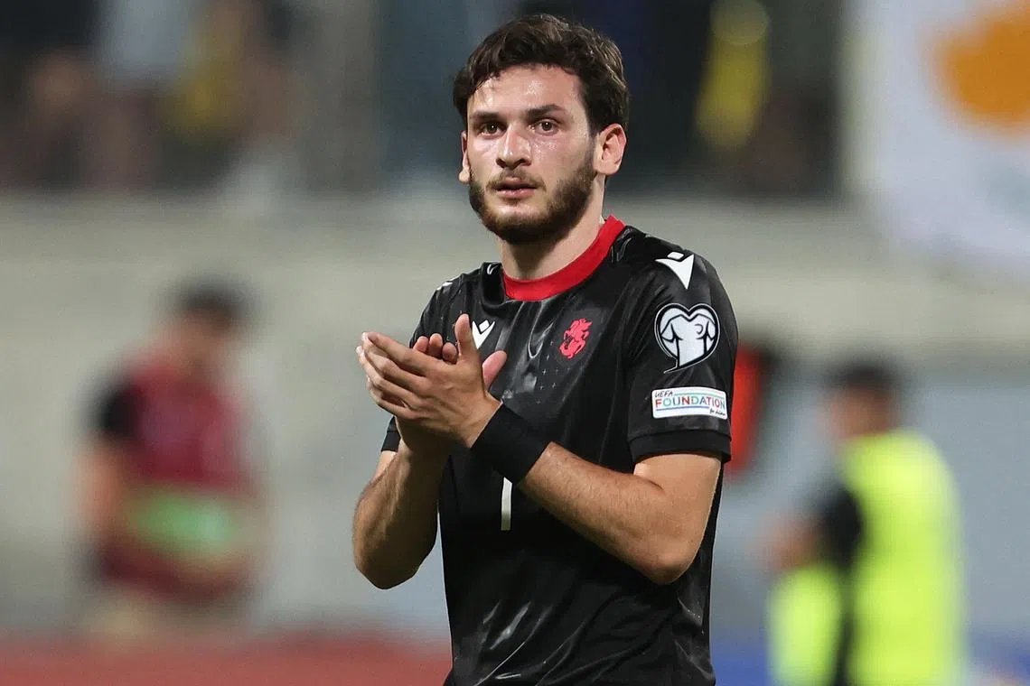FILE PHOTO: Soccer Football - UEFA Euro 2024 Qualifier - Group A - Cyprus v Georgia - AEK Arena, Larnaca, Cyprus - June 17, 2023  Georgia's Khvicha Kvaratskhelia celebrates after the match REUTERS/Yiannis Kourtoglou/File Photo
