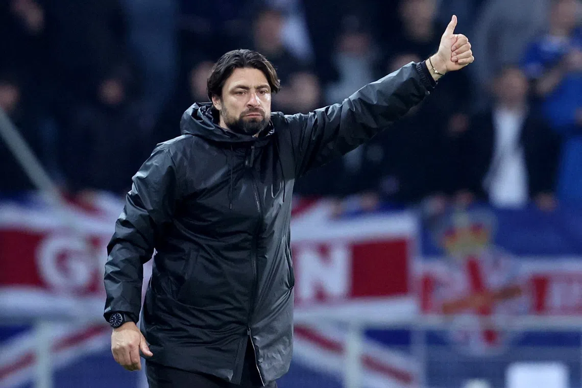 FILE PHOTO: Soccer Football - UEFA Europa League - SK Sturm Graz v Rangers - Merkur Arena, Graz, Austria - October 2, 2025 Rangers manager Russell Martin reacts REUTERS/Borut Zivulovic/File Photo
