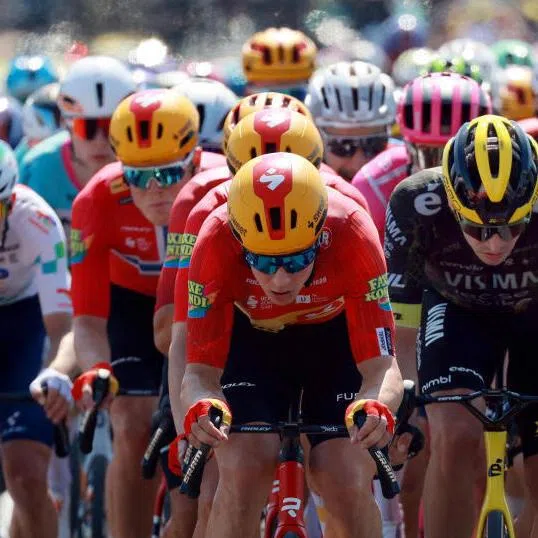 Riders in action during stage 2 of Tour de France from Barcelona to Tarragon.