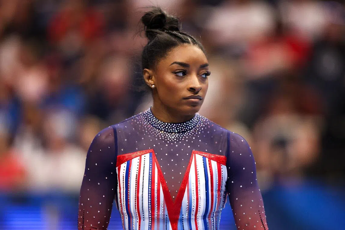 FILE PHOTO: Jun 30, 2024; Minneapolis, Minnesota, USA; Simone Biles looks on prior to her floor routine during the U.S. Olympic Team Gymnastics Trials at Target Center. Mandatory Credit: Matt Krohn-USA TODAY Sports/File Photo