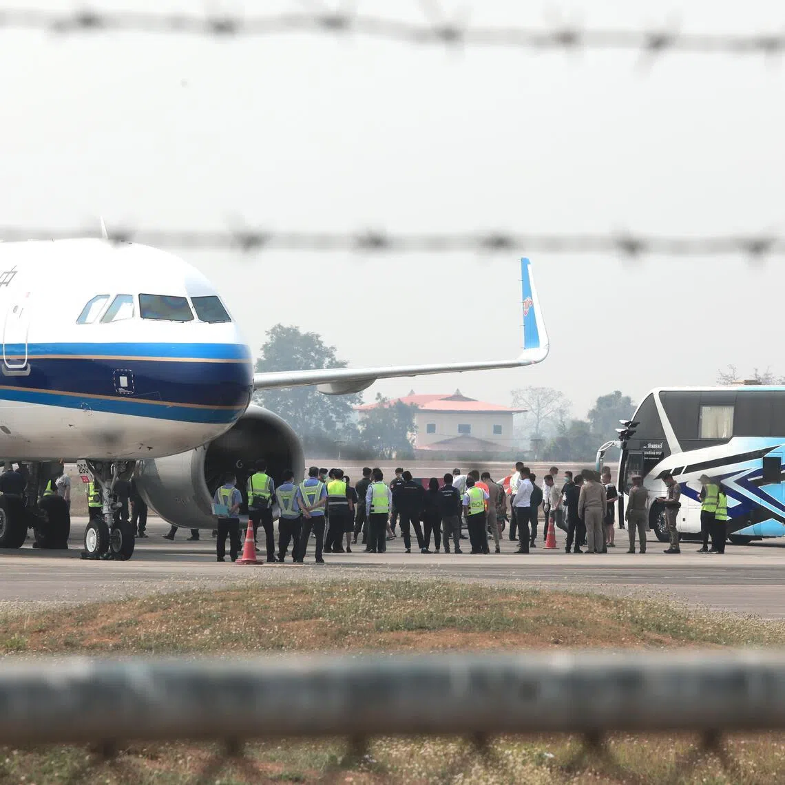 Chinese victims rescued from illegal call center scammer operations in Myanmar being repatriated in 2025 at the Mae Sot Airport on the Thai-Myanmar in Thailand.
