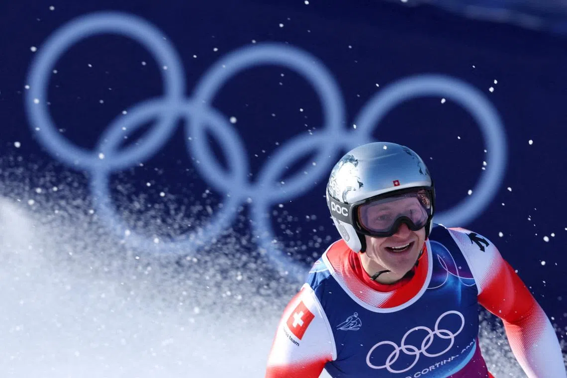 Milano Cortina 2026 Olympics - Alpine Skiing - Men's Team Combined Downhill - Stelvio Ski Centre, Bormio, Italy - February 09, 2026. Marco Odermatt of Switzerland reacts after his run during the Men's Team Combined Downhill REUTERS/Denis Balibouse