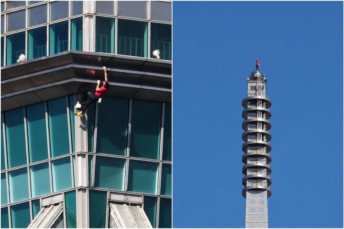 American climber Alex Honnold waving from the top of Taipei 101 on Jan 25.
