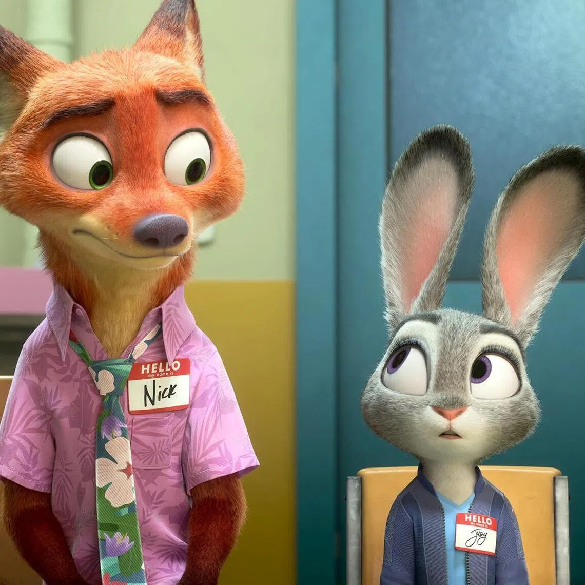 From left: Nick Wilde (voiced by Jason Bateman) and Judy Hopps (voiced by Ginnifer Goodwin) in Zootopia 2.
