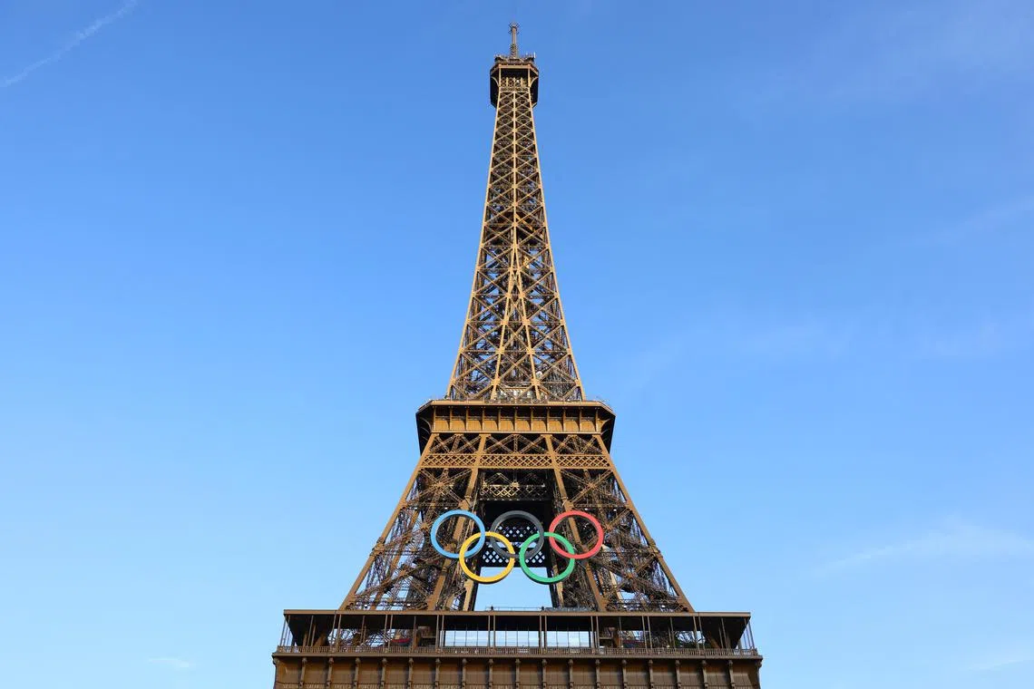 The Olympic rings are pictured on the Eiffel Tower ahead the Paris 2024 Olympic and Paralympic Games in Paris, France, July 19, 2024.   REUTERS/Fabrizio Bensch