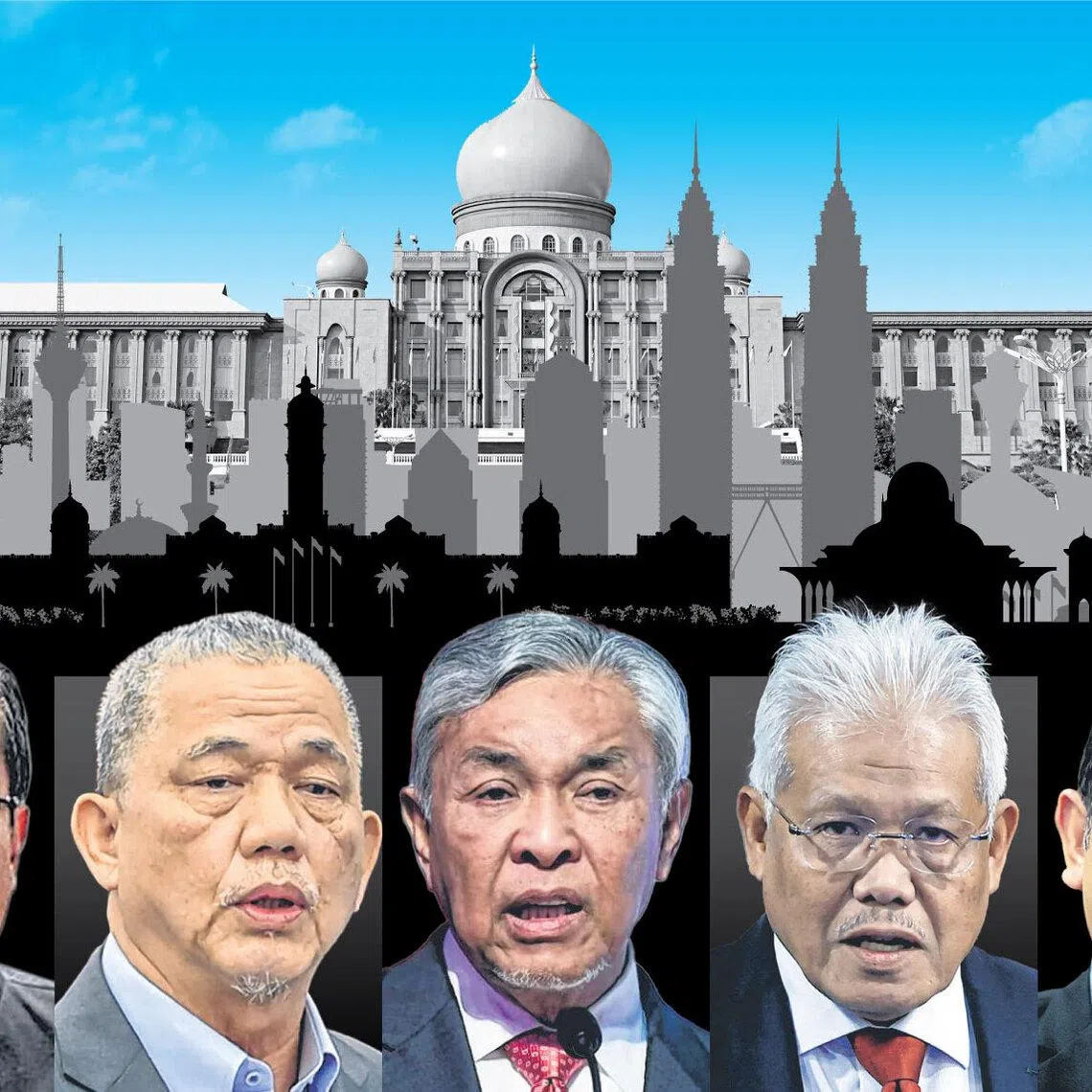 New contenders to become Malaysia's 11th leader are (from left) Datuk Seri Samsuri Mokhtar, Datuk Seri Fadillah Yusof, Datuk Seri Zahid Hamidi, Datuk Seri Hamzah Zainudin and Datuk Seri Rafizi Ramli.