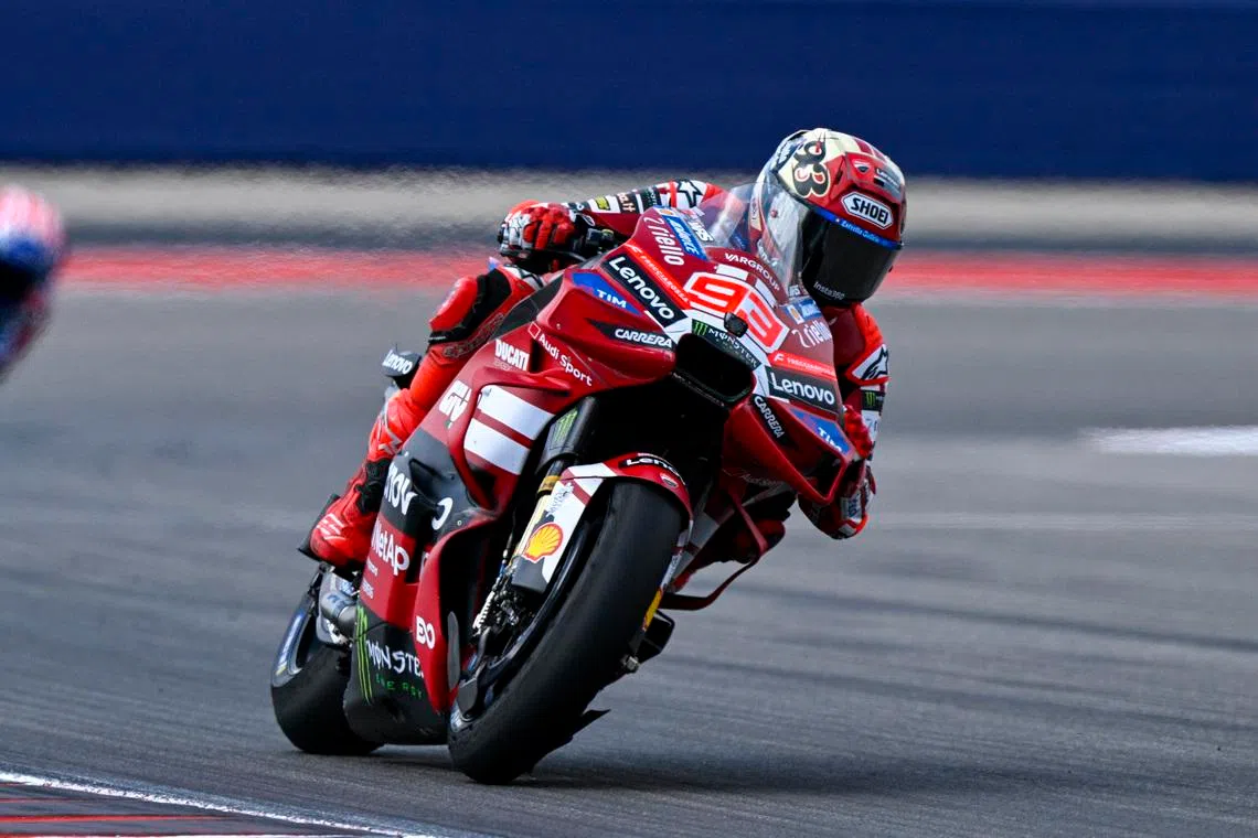 Mar 29, 2026; Austin, TX, USA; Ducati Team Marc Marquez (93) rides during the 2026 MotoGP Red Bull Grand Prix of the United States at Circuit of The Americas Austin. Mandatory Credit: Jerome Miron-Imagn Images/File Photo