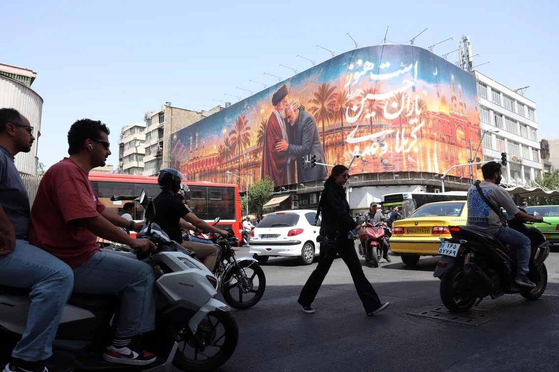 A billboard featuring Iran’s late Supreme Leader Ayatollah Ali Khamenei in Tehran, ahead of his funeral, on June 29, 2026.