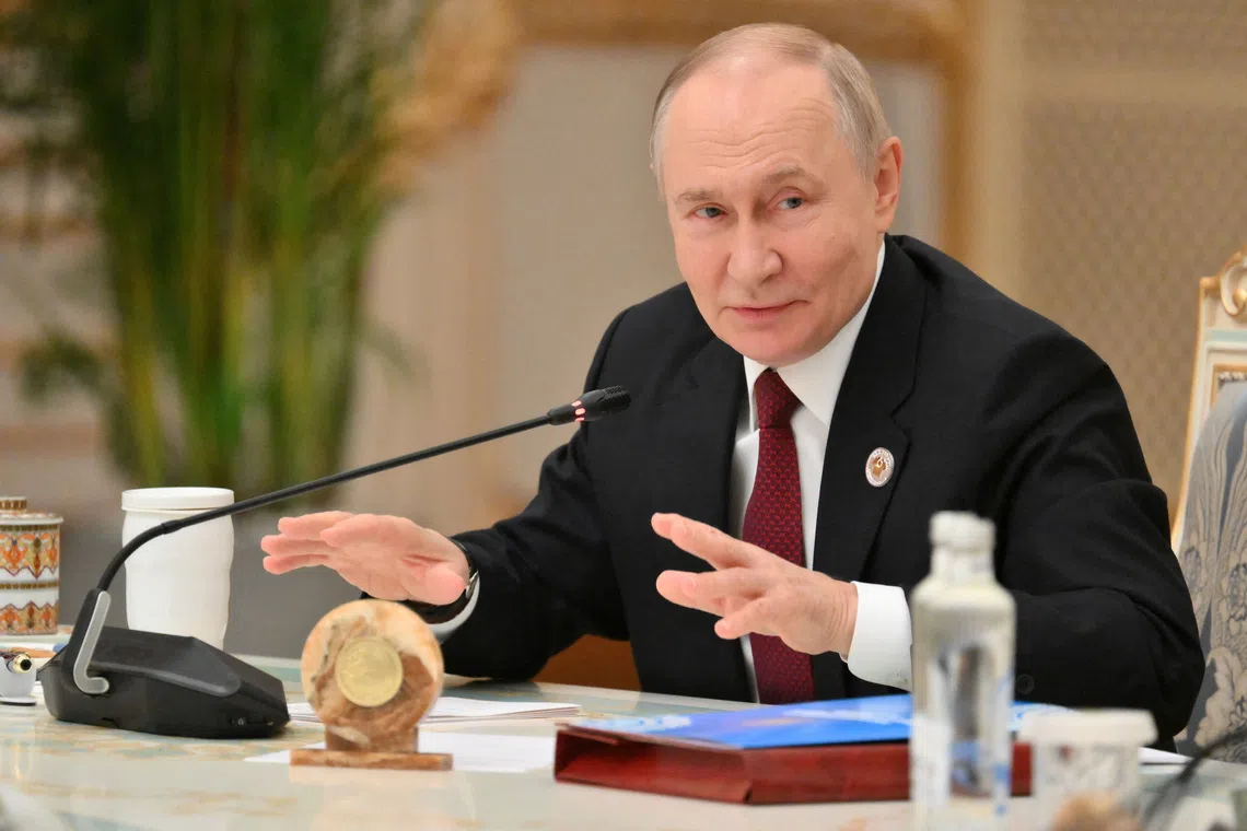 Russian President Vladimir Putin takes part in the CIS leaders' summit in Dushanbe, Tajikistan October 10, 2025. Sputnik/Grigory Sysoev/Pool via REUTERS
