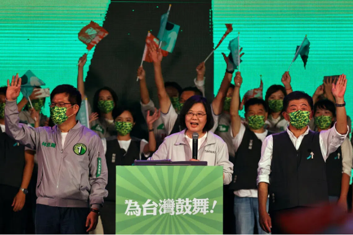 President Tsai Ing-wen speaks at pre-election campaign rally ahead of mayoral elections in Taipei on Nov 26. 