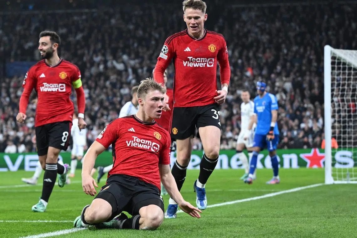 Manchester United striker Rasmus Hojlund (front) has scored five Champions League goals but has yet to net in the Premier League.