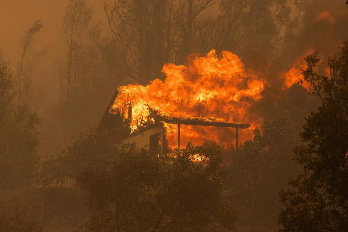 A burning house at dawn during a wild fire near the city of Santa Juana, Chile, on Feb 4, 2023.