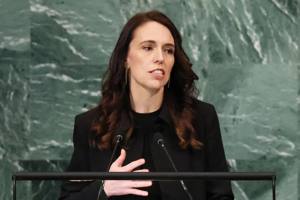 NEW YORK, NEW YORK - SEPTEMBER 23: Prime Minister of New Zealand Jacinda Ardern speaks at the 77th session of the United Nations General Assembly (UNGA) at U.N. headquarters on September 23, 2022 in New York City. After two years of holding the session virtually or in a hybrid format, 157 heads of state and representatives of government are expected to attend the General Assembly in person.   Michael M. Santiago/Getty Images/AFP
