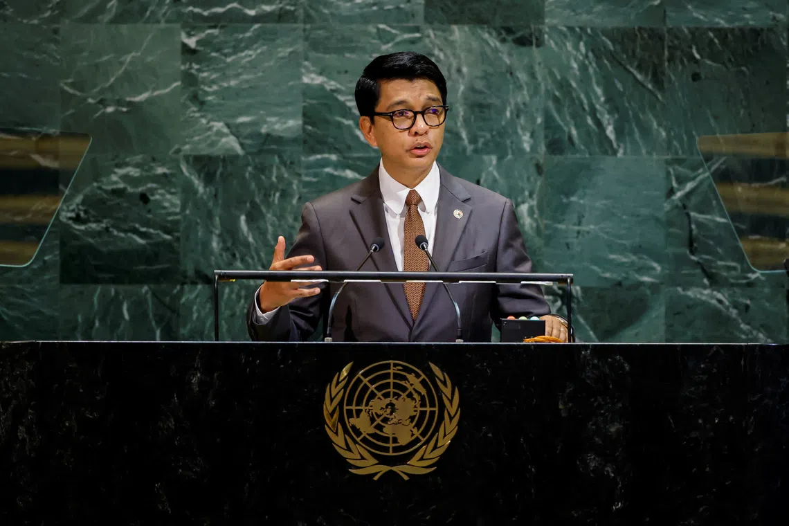 Madagascar's President Andry Nirina Rajoelina addresses the 80th United Nations General Assembly at U.N. headquarters in New York, U.S., September 24, 2025. REUTERS/Eduardo Munoz