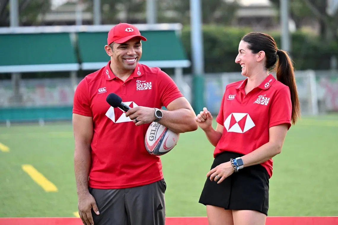 HSBC Global Ambassadors Bryan Habana and Alicia Lucas during a rugby clinic at the Dover Court International School earlier in the week ahead of the HSBC SVNS Singapore event.