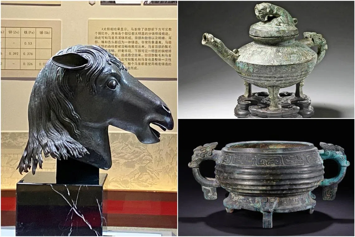 (Clockwise from left) A bronze horse head, a 3,000-year-old bronze water vessel and a 2,800-year-old bronze ritual vessel were among 30 artefacts believed to have been stolen. This was the largest return of relics to mainland China from Taiwan in recent years.