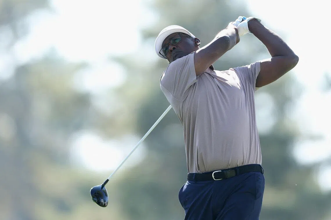 Vijay Singh of Fiji playing a tee shot on the fifth hole during the second round of the Charles Schwab Cup Championship at Phoenix Country Club in November 2025.