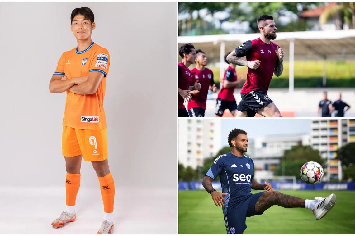 (Clockwise from left) Albirex Niigata's Lee Dong-yeol, Tanjong Pagar United's Aaron Evans and Lion City Sailors' Anderson Lopes.
