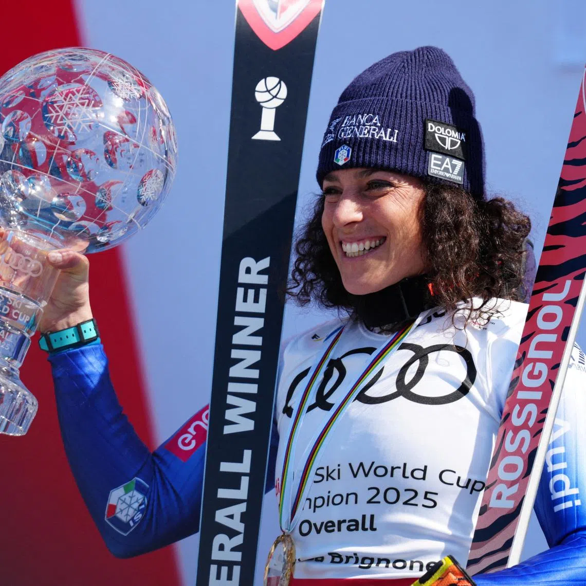 FILE PHOTO: Mar 27, 2025; Sun Valley, ID, USA; World Cup overall points winner Federica Brignone of Italy celebrates with the crystal globe after the 2025 FIS Ski World Cup at Sun Valley. Mandatory Credit: Christopher Creveling-Imagn Images/File Photo