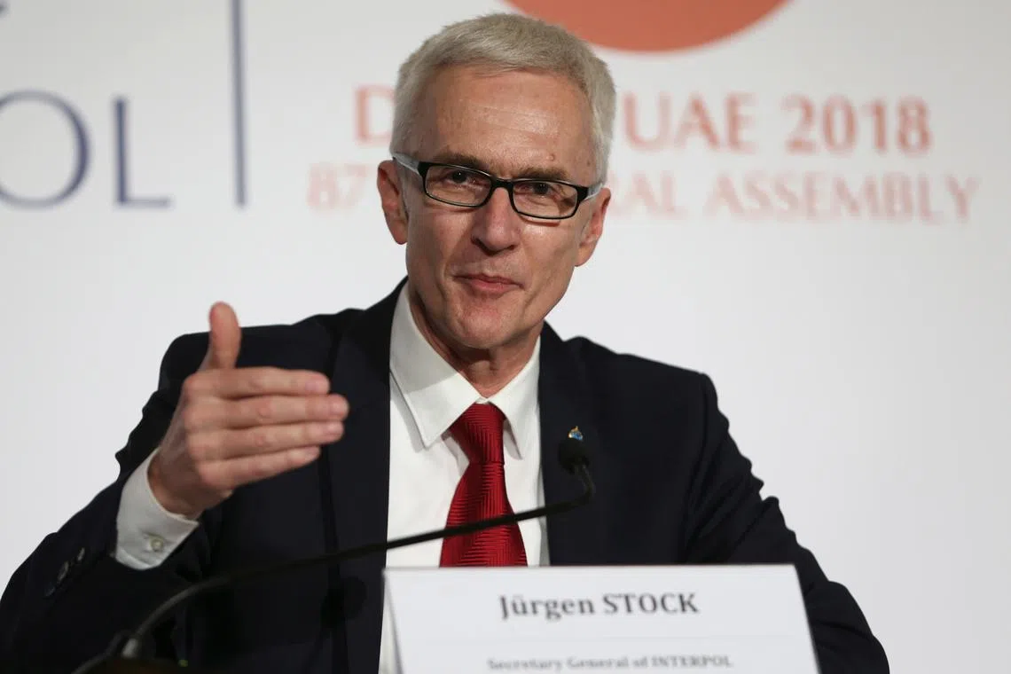 FILE PHOTO: Interpol's Secretary General Jurgen Stock talks during a news conference in Dubai, United Arab Emirates, November 21, 2018. REUTERS/Satish Kumar/ File photo