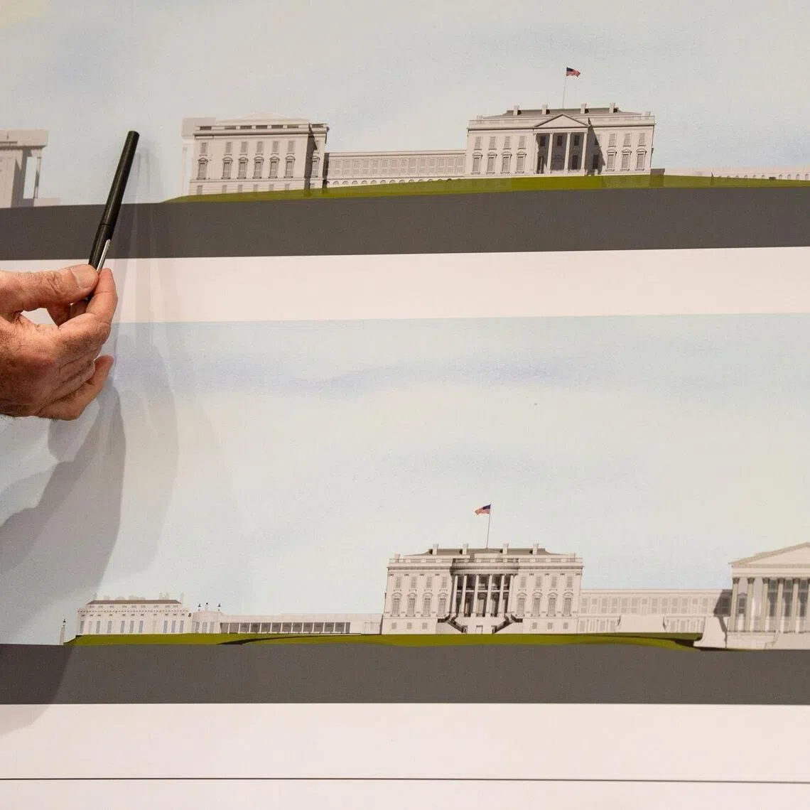 Architect Shalom Baranes points to a rendering during a public hearing regarding the White House ballroom construction at the National Capital Planning Commission in Washington, DC, US, on Thursday, Jan. 8, 2026. The proposed White House ballroom will cost as much as $400 million, with President Donald Trump saying it will also be equipped to host inaugurations going forward. Photographer: Kent Nishimura/Bloomberg