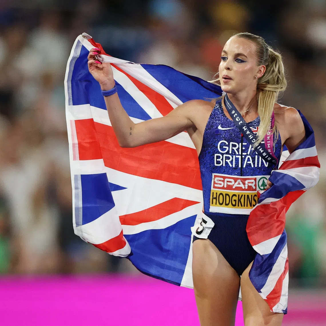 Athletics - European Athletics Championships - Alexander Stadium, Birmingham, Britain - August 14, 2026 Silver medallist Great Britain's Keely Hodgkinson after the women's 800m final REUTERS/Andrew Boyers