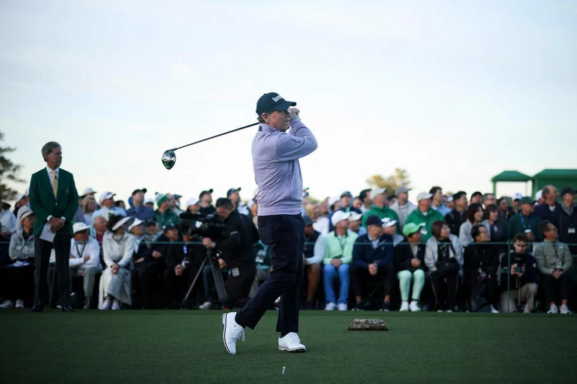 Honorary Starter Tom Watson of the United States playing his shot from the first tee during the first round of the 2026 Masters Tournament at Augusta National Golf Club on April 9, 2026 in Augusta, Georgia. 