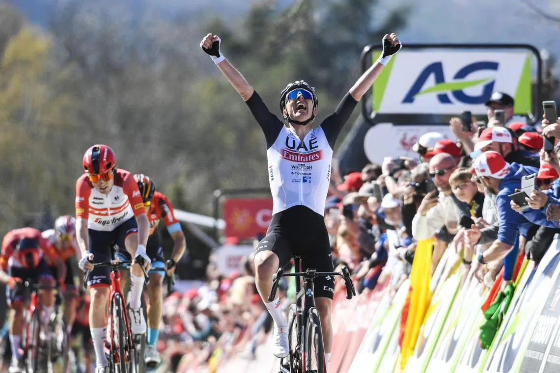 Slovenian Tadej Pogacar of UAE Team Emirates claimed his 12th win of the season in the Fleche Wallonne on Wednesday.