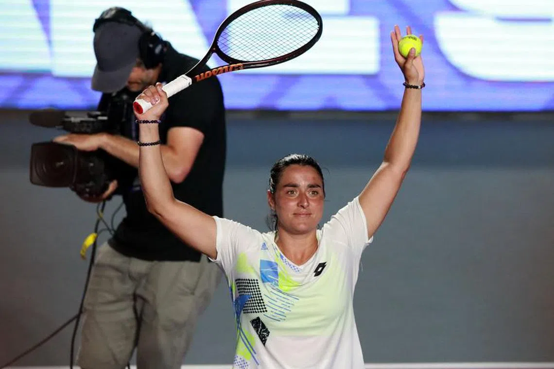 Tennis - WTA 1000 - Guadalajara Open - Panamerican Tennis Center, Guadalajara, Mexico - September 19, 2023 Tunisia's Ons Jabeur  celebrates after winning her second round match against Alycia Parks of the U.S REUTERS/Henry Romero