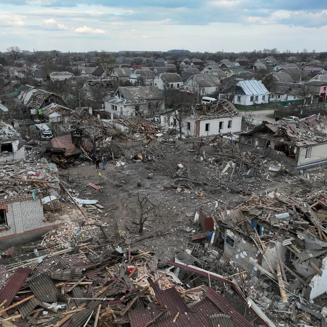 A drone view of the houses destroyed and heavily damaged during a Russian missile strike, amid Russia's attack on Ukraine, in the town of Korosten, Zhytomy region, Ukraine April 3, 2026. REUTERS/Valentyn Ogirenko/File Photo