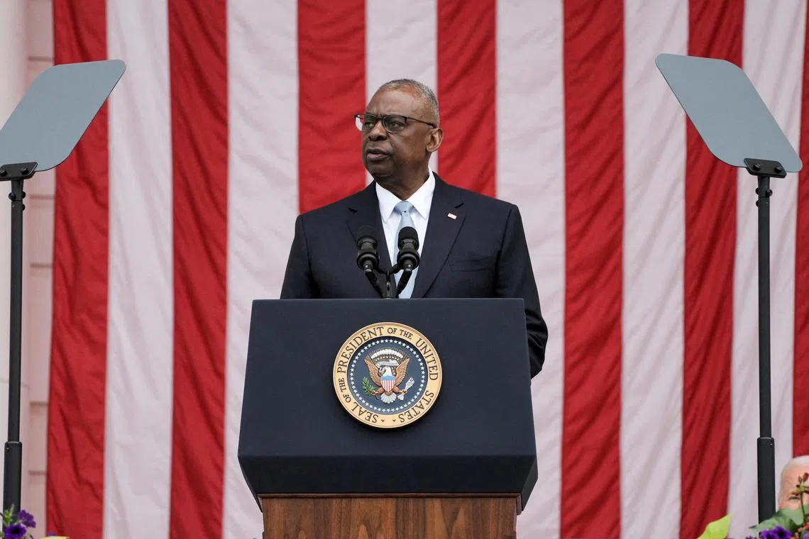Secretary of Defense Lloyd Austin speaks during the National Memorial Day Wreath-Laying and Observance Ceremony at Arlington National Cemetery, in Arlington, Virginia, U.S., May 27, 2024. REUTERS/Ken Cedeno/ File Photo