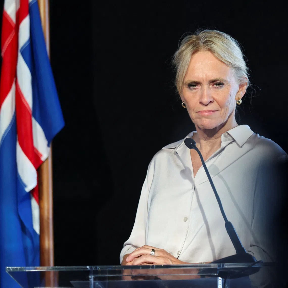 Iceland's Minister for Foreign Affairs Thorgerdur Katrin Gunnarsdottir attends a press conference with Iceland's Prime Minister Kristrun Frostadottir (not pictured) and Minister of Education and Children Inga Saeland (not pictured) after Iceland rejected EU accession talks in a close-fought referendum, in Reykjavik, Iceland, August 30, 2026. REUTERS/Leonhard Foeger