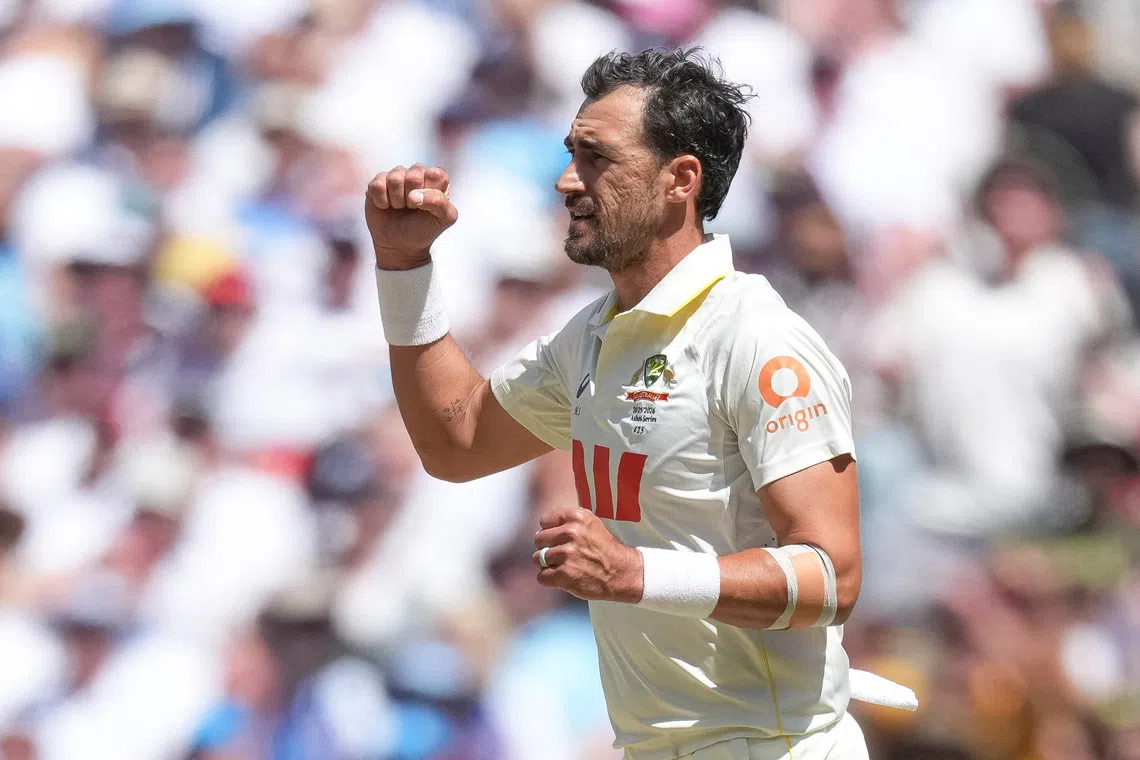 FILE PHOTO: Cricket - The Ashes - Australia v England - Fourth Test -  MCG, Melbourne, Australia - December 26, 2025 Australia's Mitchell Starc celebrates after getting the wicket of England's Ben Duckett. REUTERS/Asanka Brendon Ratnayake/File Photo