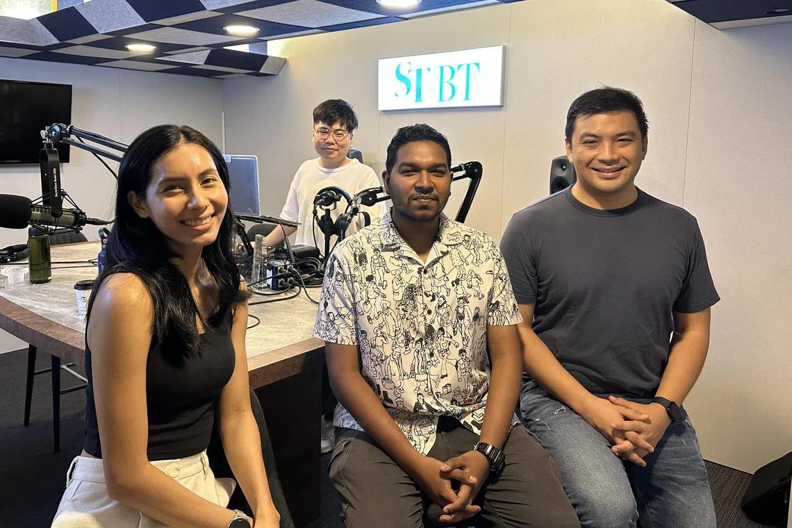 (From left) Former sprint-hurdler and four-time SEA Games medallist Dipna Lim-Prasad, ST podcast producer Eden Soh, ST sports reporter Deepanraj Ganesan and former national water polo vice captain and three times Games gold medalist Yip Ren Kai in the podcast studio.