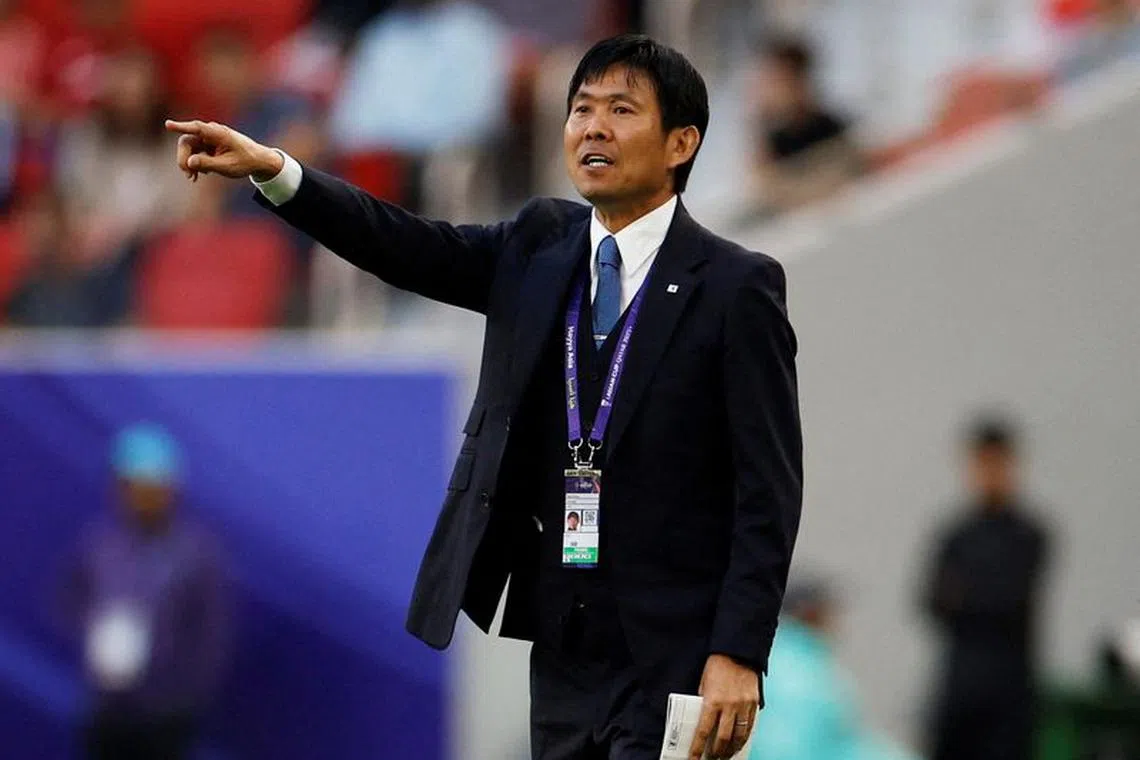 FILE PHOTO: Soccer Football - AFC Asian Cup - Group D - Japan v Vietnam - Al Thumama Stadium, Doha, Qatar - January 14, 2024 Japan coach Hajime Moriyasu REUTERS/Thaier Al-Sudani/File Photo