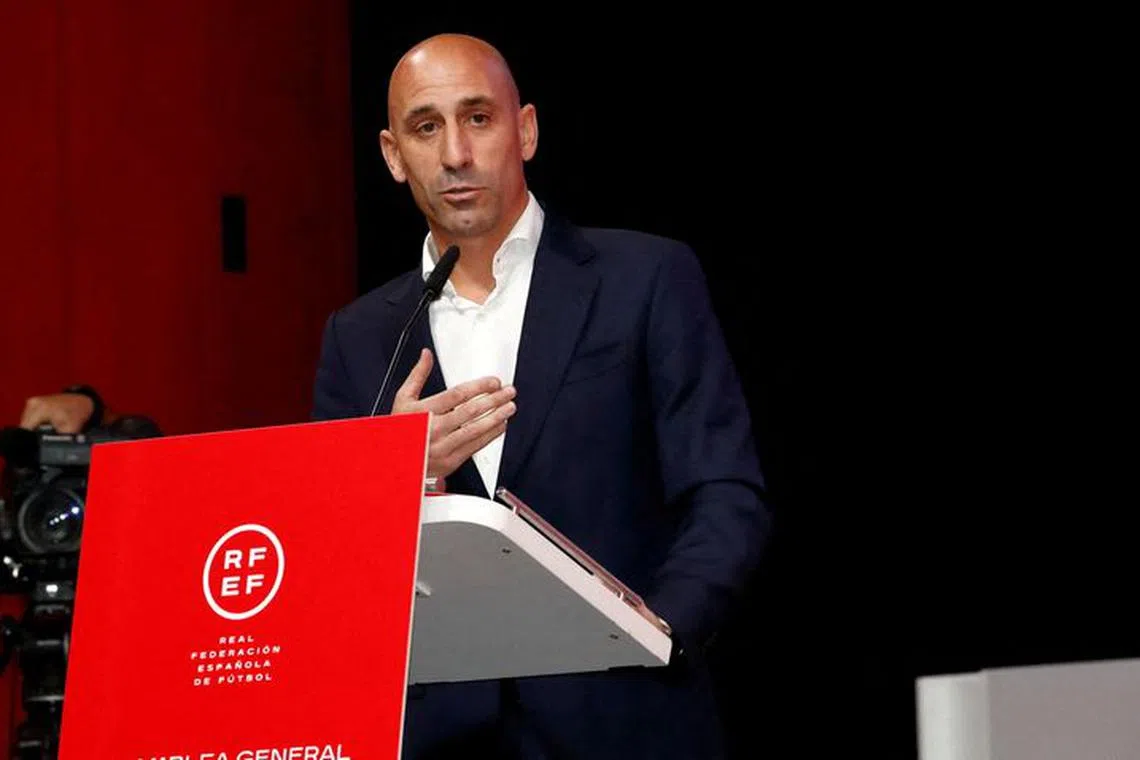 File photo: Soccer Football - Spanish Soccer Federation Meeting - Ciudad Del Futbol Las Rozas, Las Rozas, Spain - August 25, 2023  President of the Royal Spanish Football Federation Luis Rubiales announces he will be staying as president during the meeting RFEF/Handout via REUTERS/File photo