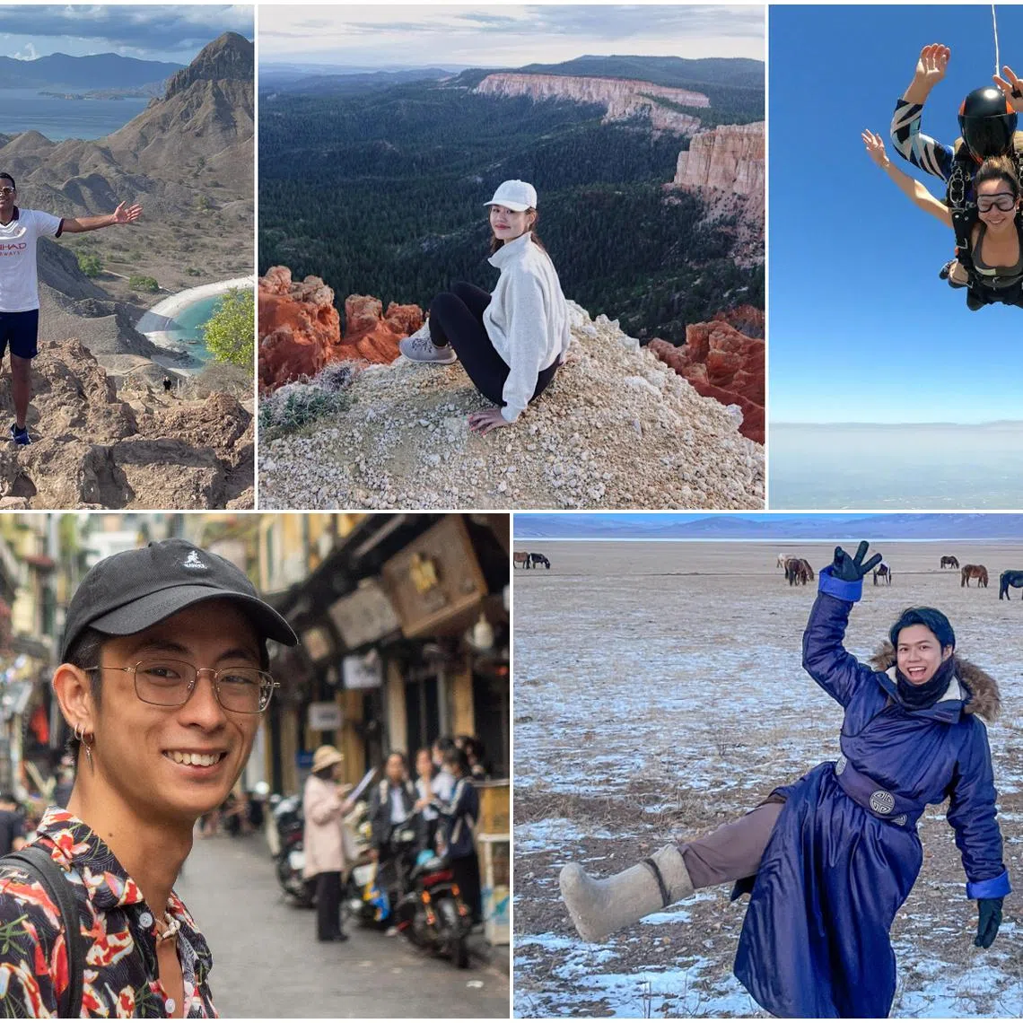 (Clockwise from top left) Basanth Sadasivan, 27; Ms Sharlyn Seet, 22; Ms Nicolette Wee, 23; Mr Dion Ong, 27; and Mr Ng Yi Yang, 28 on their travels.