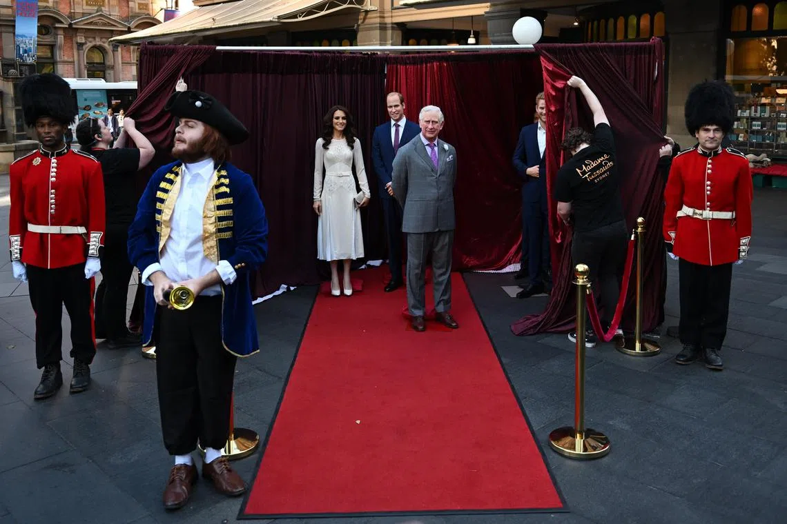The brand new Madame Tussauds wax figure of King Charles III, was revealed at the Queen Victoria Building along side wax figures of Prince William, Catherine the Princess of Wales and Prince Harry in Sydney, Australia on May 3, 2023. 