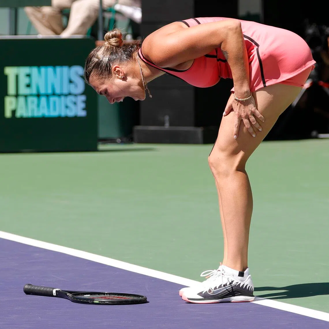 Aryna Sabalenka of Belarus reacting after losing a point in the second set of her 3-6, 6-3, 7-6 (8-6) Indian Wells final win against Elena Rybakina of Kazakhstan at Indian Wells, California, on March 15, 2026.